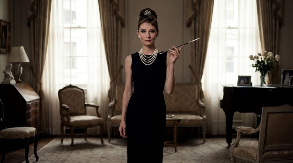 Audrey Hepburn as Holly Golightly in Breakfast at Tiffany s wearing her iconic black dress pearls and tiara holding a ci