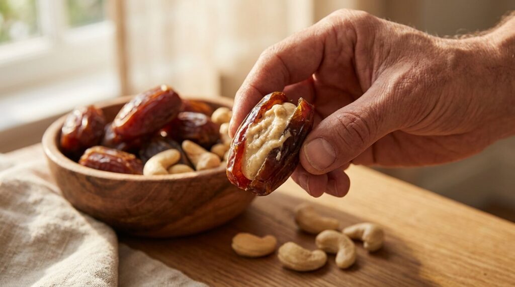 A close-up of a hand holding a date stuffed with a cashew with a few extra cashews and dates artfully scattered on a lig