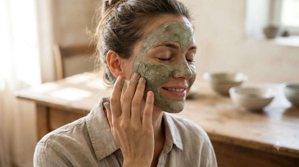 A woman gently applying a homemade face mask to her cheek illustrating the How to Use It section with a soft natural aes