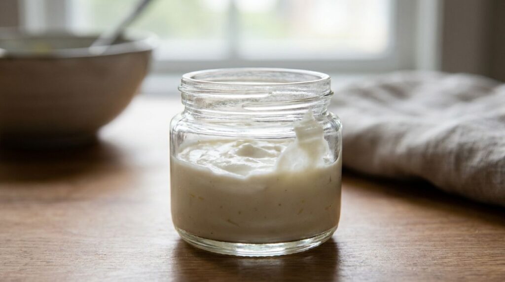 A close-up of a small glass jar containing a creamy homemade Vaseline and baby oil blend ready for use with a soft backg