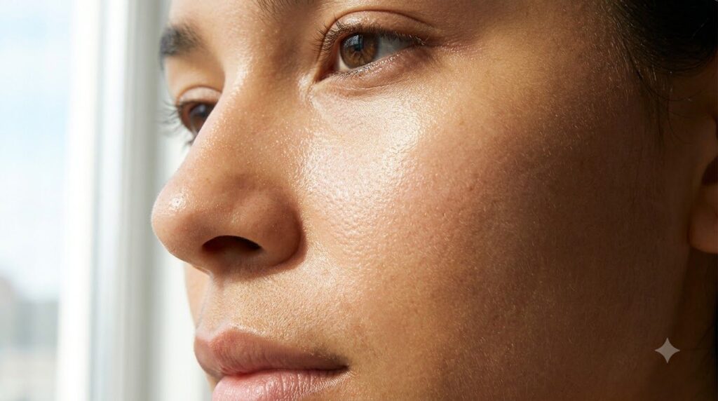 A close-up of healthy radiant skin showing a soft glow and smooth texture representing the desired outcome of the beauty