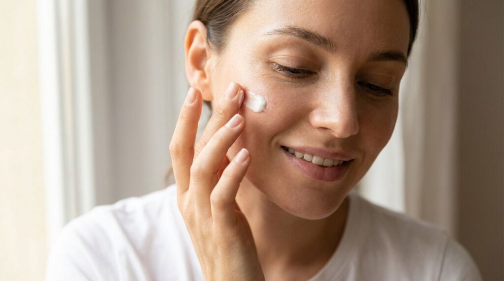 A woman gently applying a small amount of cream to her face with a focused and serene expression highlighting a beauty r