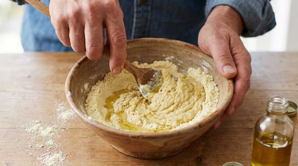 A small bowl with baby oil and gram flour being stirred into a paste with hands in the frame