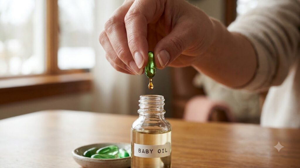 A hand squeezing the contents of a green Vitamin E capsule into a clear bottle of baby oil