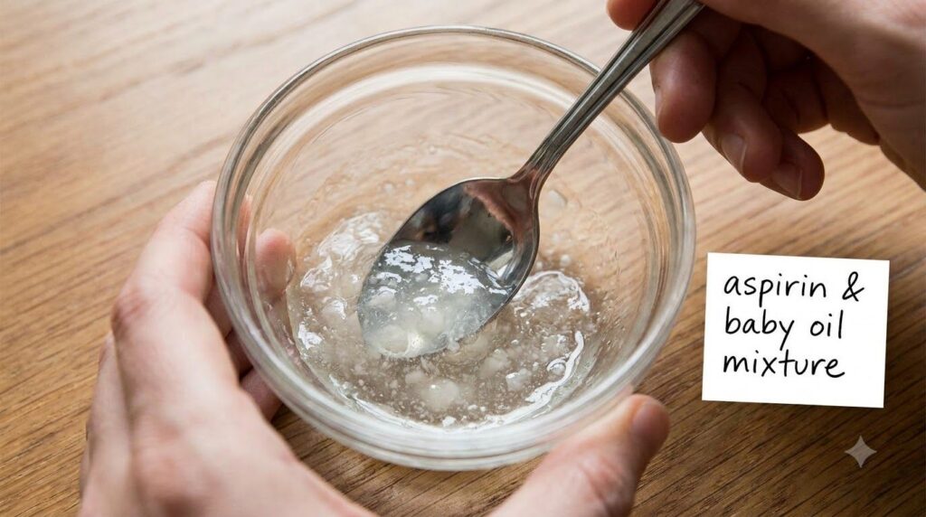 A small bowl containing the aspirin and baby oil gel with a spoon mixing it demonstrating the gel-like consistency
