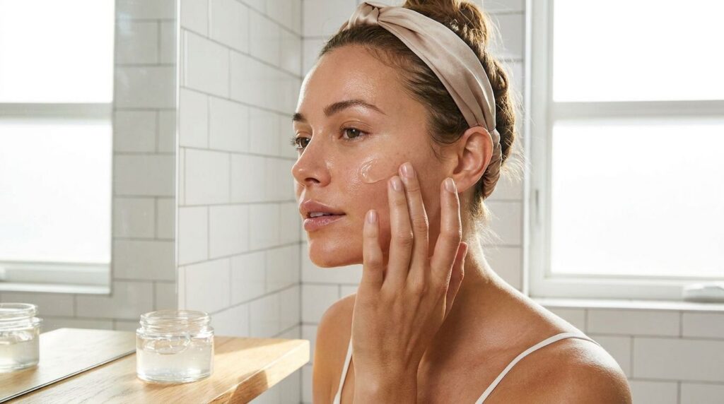 A woman gently applying the aspirin and baby oil gel to her cheek demonstrating the usage