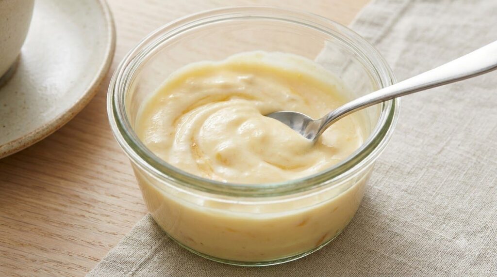 A small bowl with a DIY hand treatment mixture of lemon olive oil and Vaseline being stirred with a spoon
