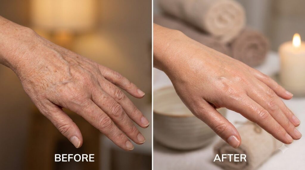 A hand showing a before-and-after effect of a hand treatment with one side appearing more wrinkled and the other smoothe