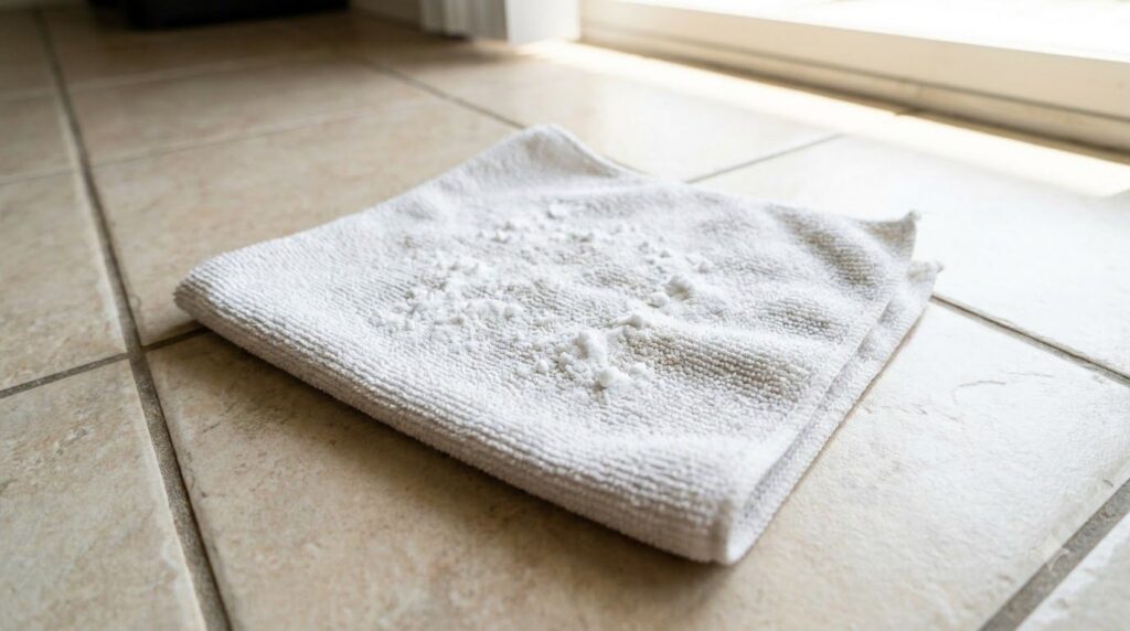 A close-up of a microfiber cloth with sprinkled baking soda on a tiled floor ready for cleaning