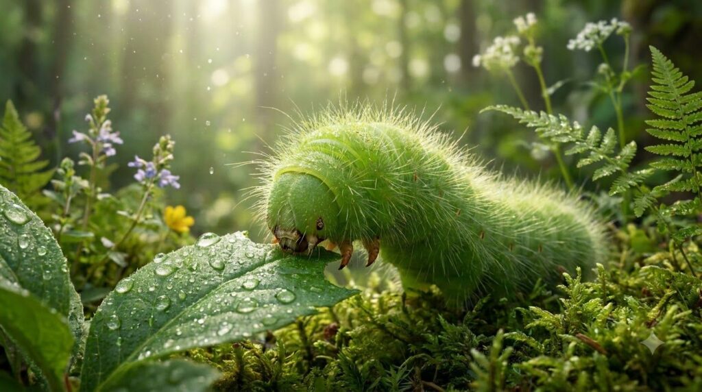 A vibrant green caterpillar munching on a leaf illustrating the larval stage
