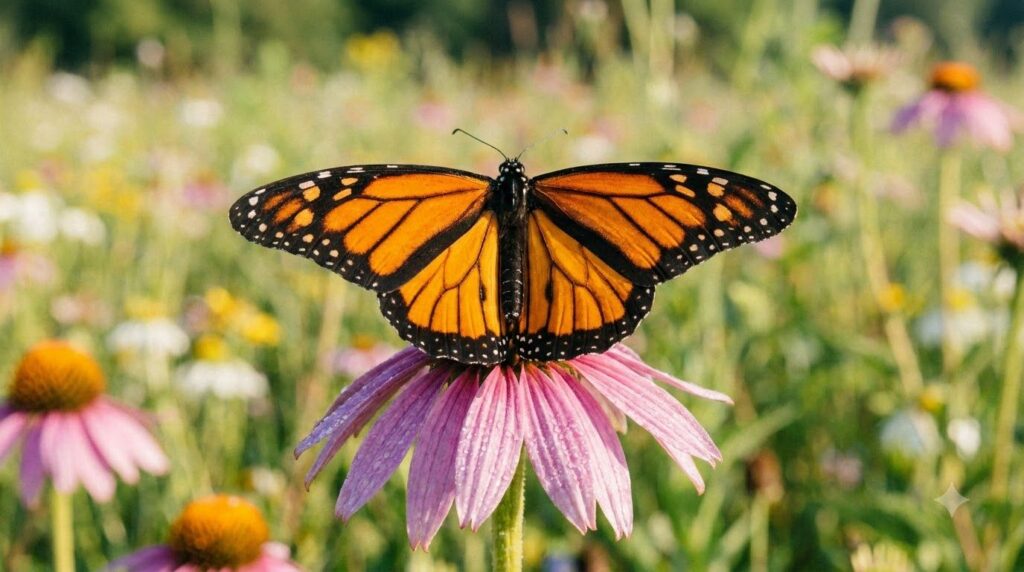 A beautiful monarch butterfly with outstretched orange and black wings perched on a colorful flower