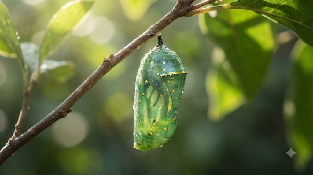 A monarch butterfly chrysalis hanging from a twig showing its green and gold markings
