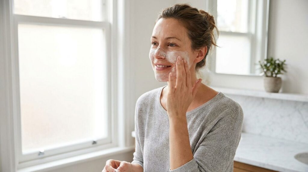 A woman gently applying the cream and honey mix to her face