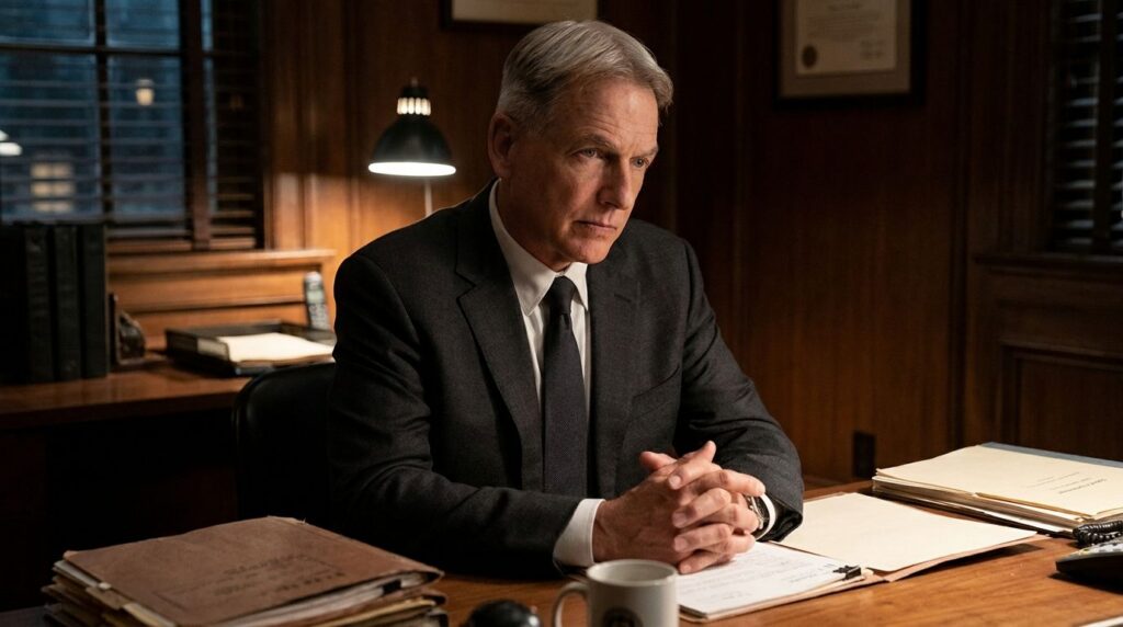 Mark Harmon in a professional mature pose possibly as Leroy Jethro Gibbs from NCIS wearing a serious expression and a su