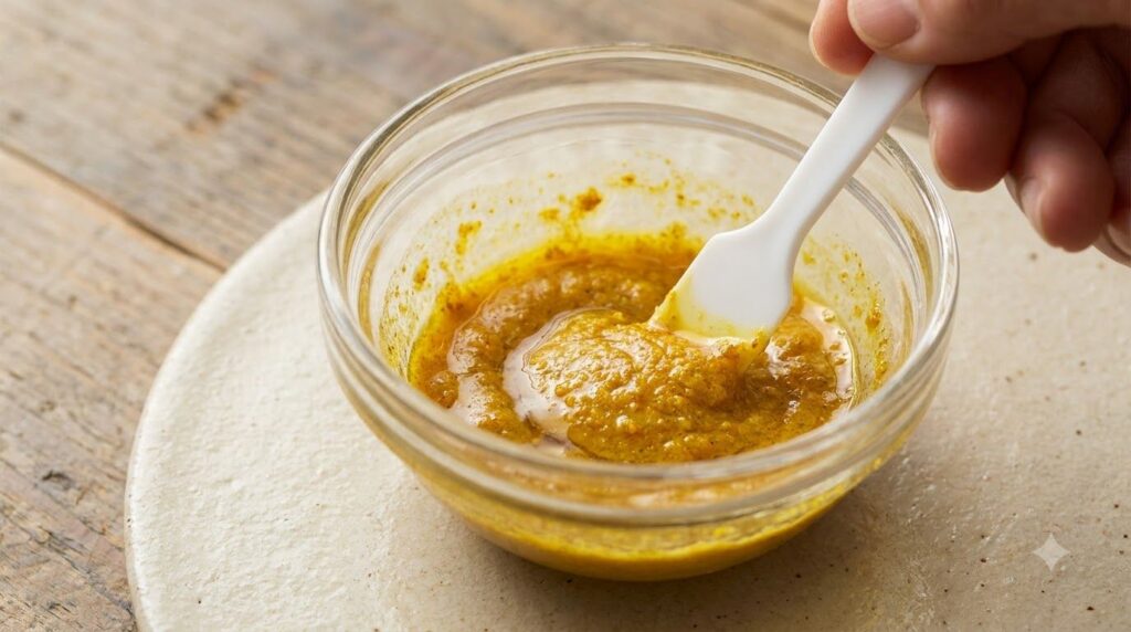 Close-up of a small bowl where Vaseline baby oil turmeric and lemon juice are being mixed into a smooth yellow paste wit