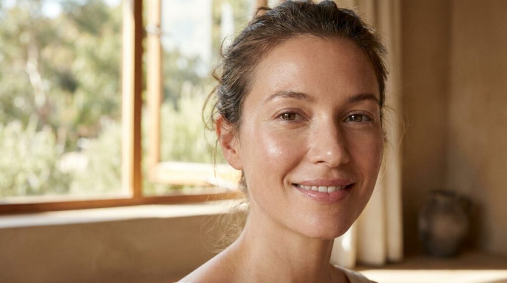 A woman with a glowing radiant complexion smiling softly after using a face mask with a subtle natural background