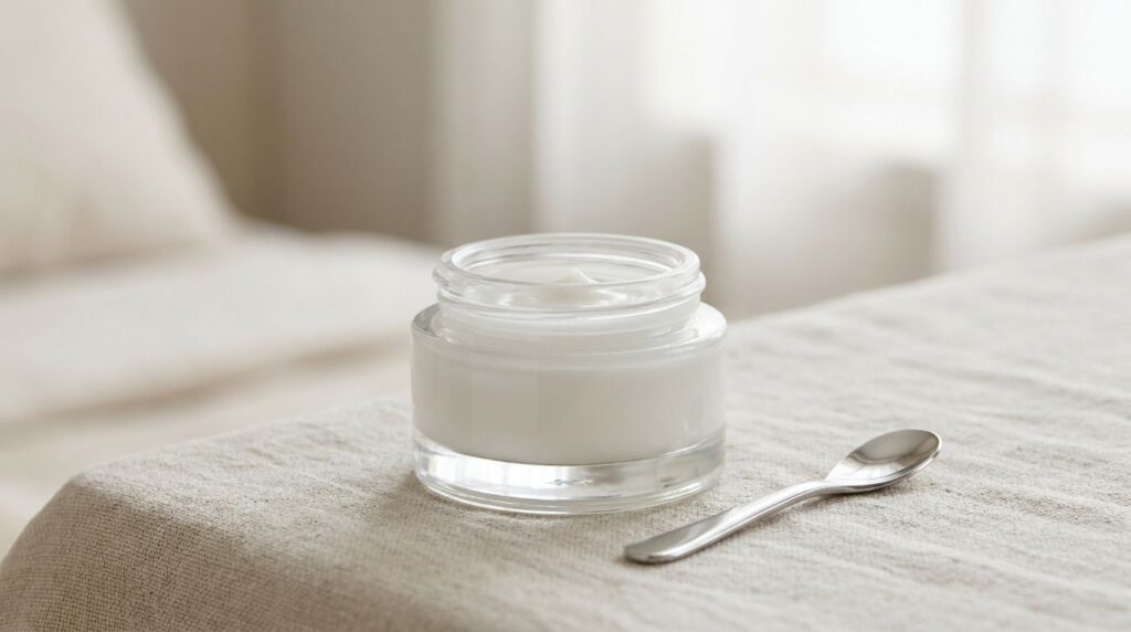 A small clear jar containing the finished white creamy night gel with a small spatula beside it