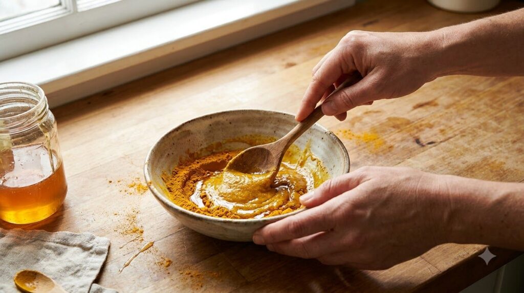 Close-up of hands mixing turmeric and honey in a small bowl to create a face mask with other natural ingredients blurred