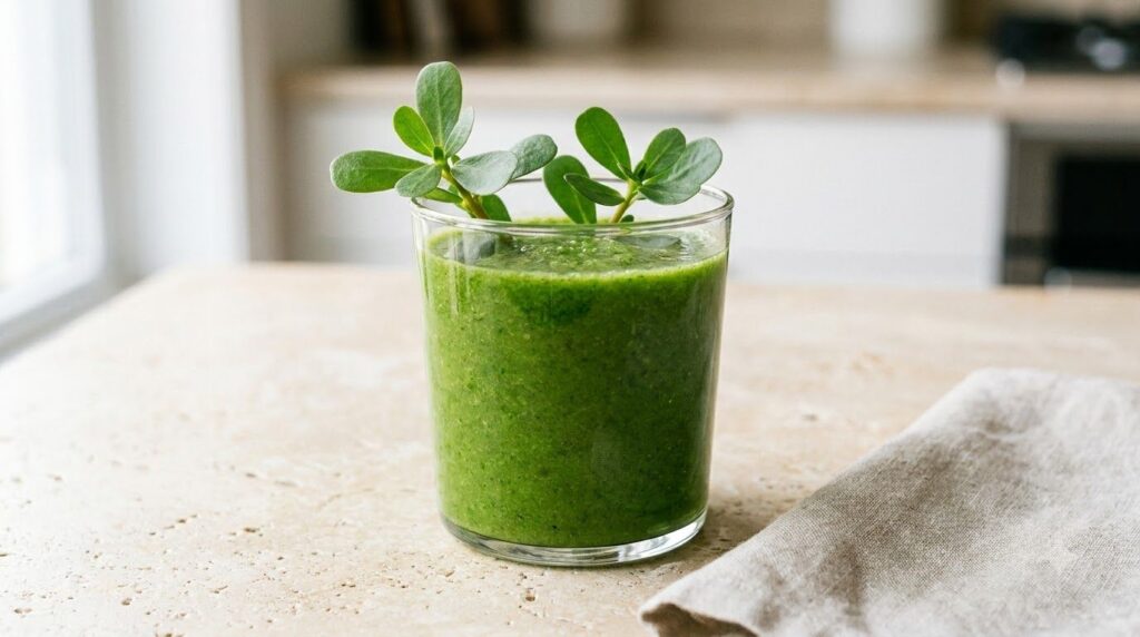 A glass of fresh green purslane juice with a few purslane leaves as garnish