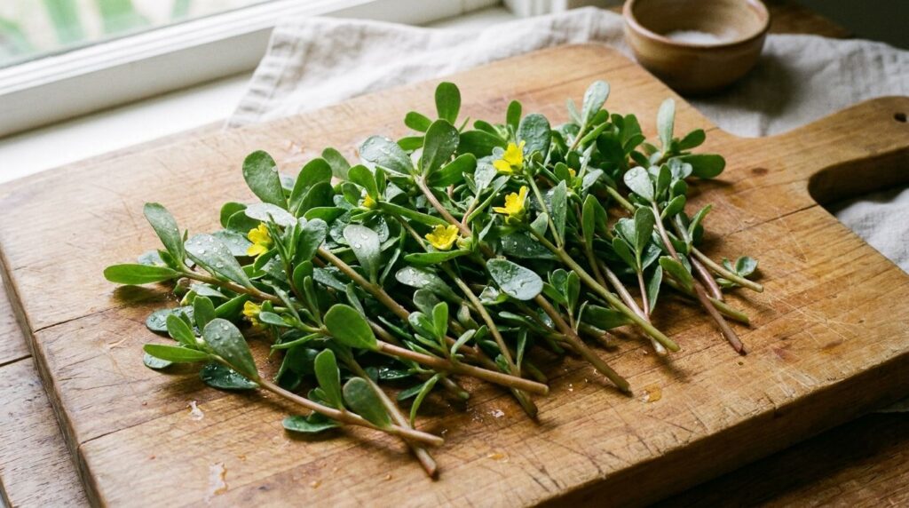 Close-up of freshly harvested purslane leaves and stems cleaned and ready for preparation