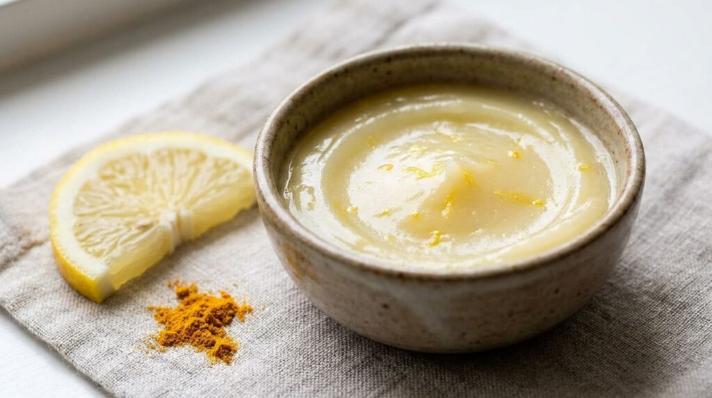 Close-up of a small bowl containing the mixed DIY Vaseline lemon and turmeric recipe showing a smooth creamy texture wit