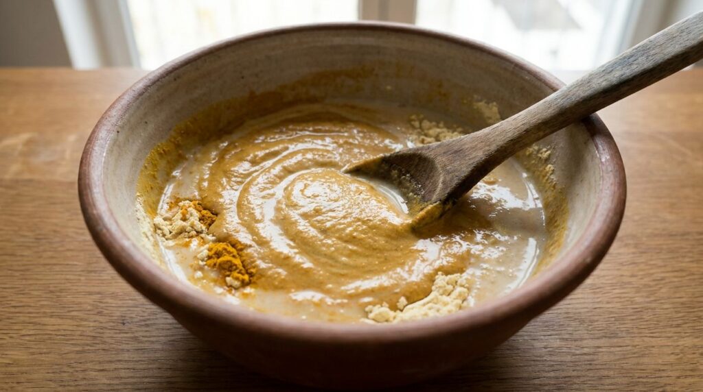 Close-up of a bowl with gram flour and turmeric powder being mixed with milk or rose water to form a smooth paste with a