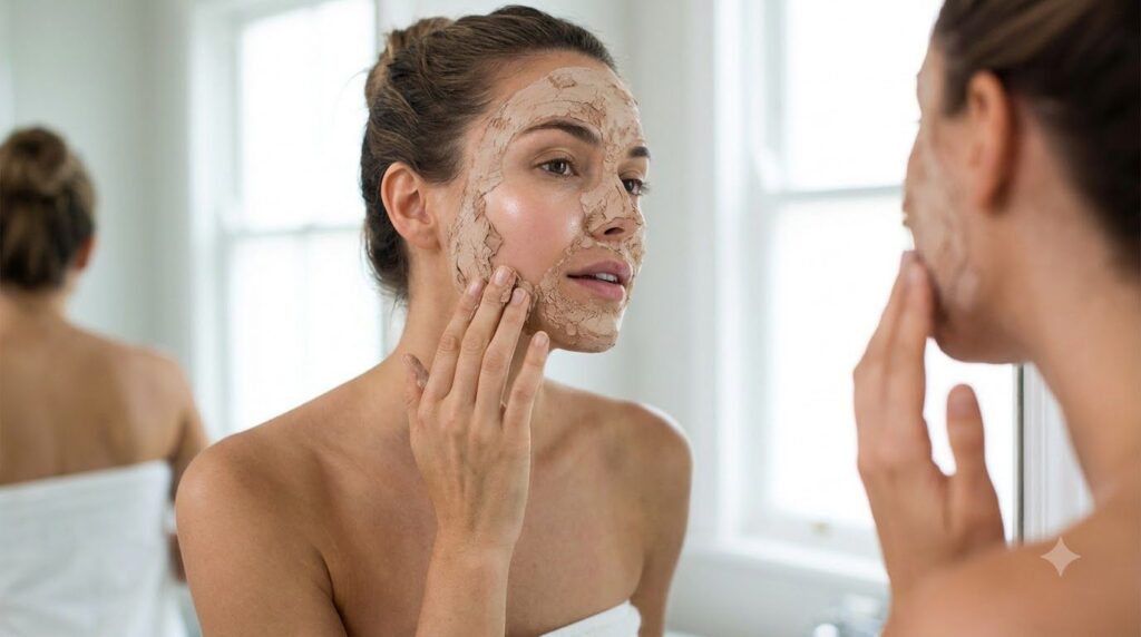 A woman gently rubbing off a dried facial mask from her cheek demonstrating the removal process with soft clean skin und