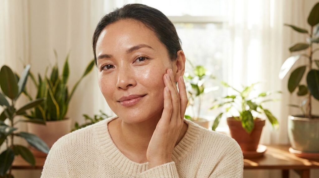 A woman with radiant clear and glowing glass skin gently touching her cheek smiling slightly The lighting is soft and na