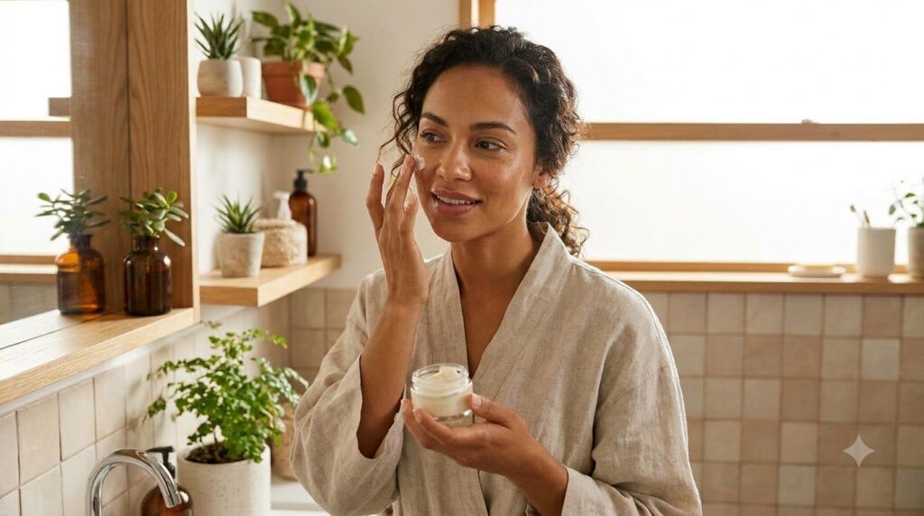 A woman applying a small amount of a homemade cream to her face with glowing healthy skin visible