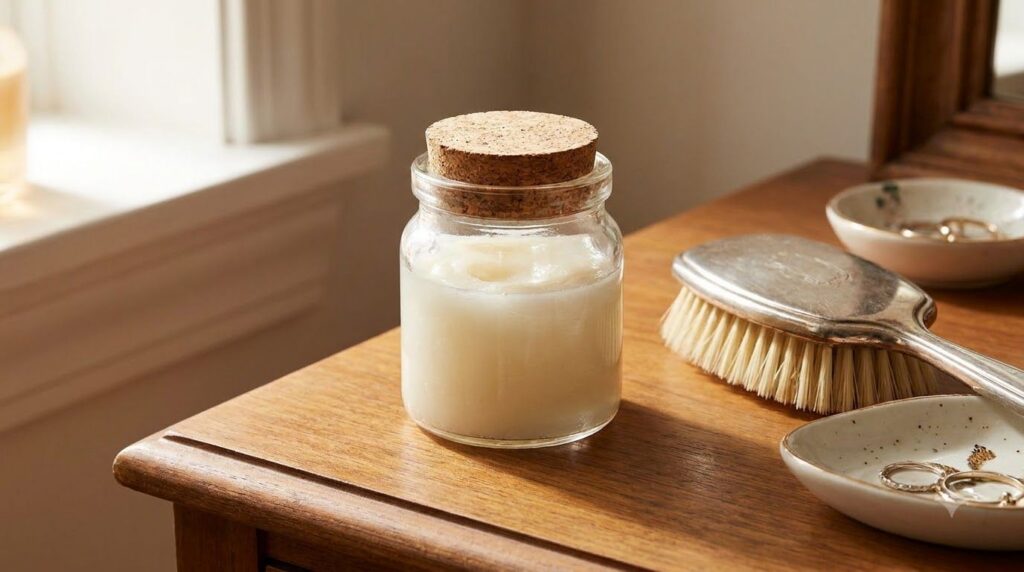A small clear glass jar filled with a creamy translucent mixture of Vaseline and baby oil A small spoon rests beside it 