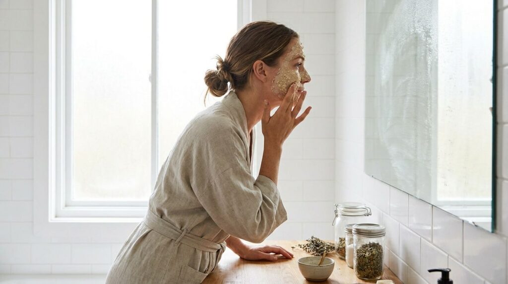 A woman gently applying a homemade face mask to her cheek with her fingertips looking into a mirror with soft natural li