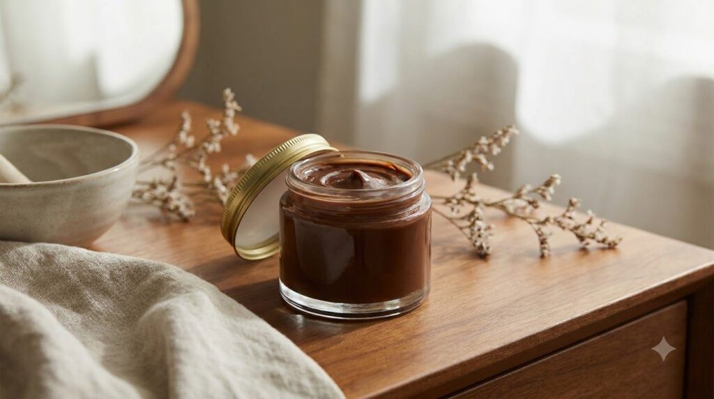 A small elegant glass jar filled with a rich dark brown creamy face cream ready for use The background is softly blurred