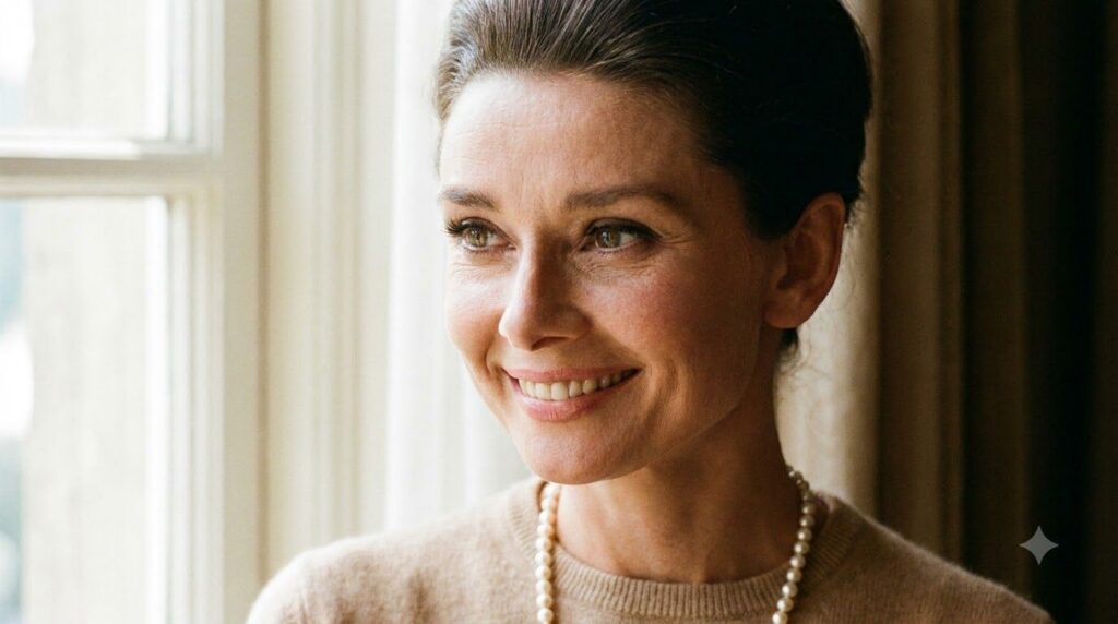 A radiant close-up portrait of Audrey Hepburn from her prime smiling elegantly