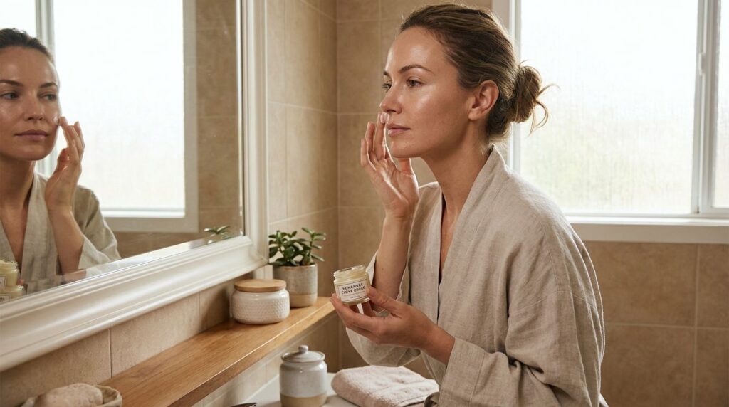 A woman gently massaging a small amount of homemade clove cream onto her face at night showing a serene expression