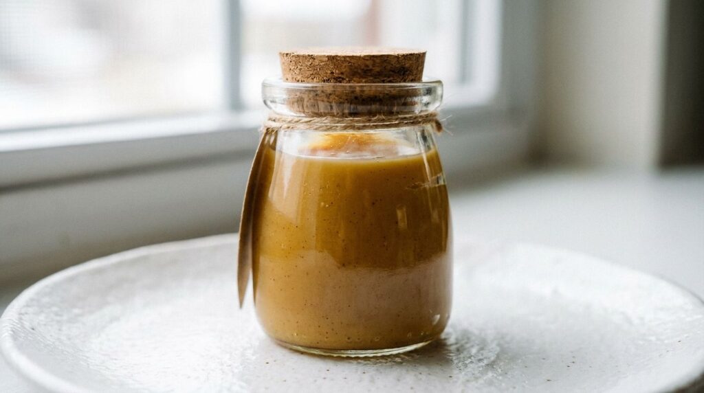 A close-up of a glass jar containing the finished clove cream with a smooth balm-like texture