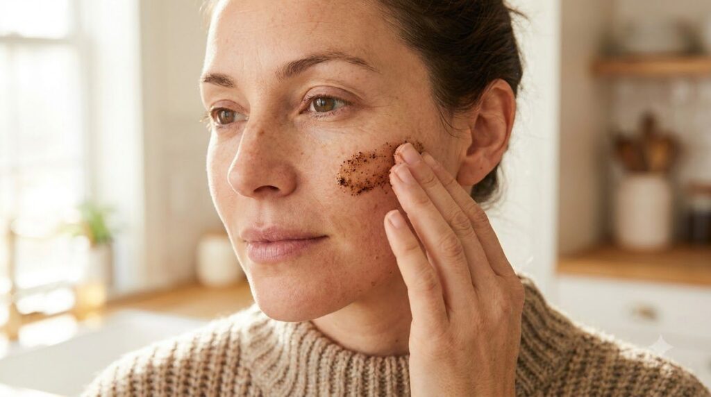 A woman gently applying the coffee Vaseline mixture to her cheek