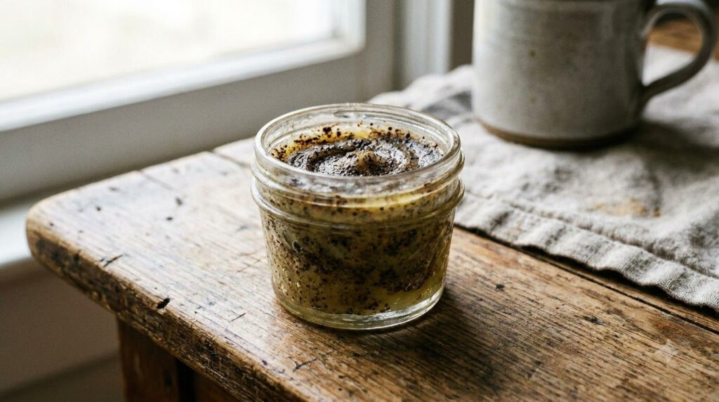 A small jar of the finished coffee and Vaseline balm on a wooden surface