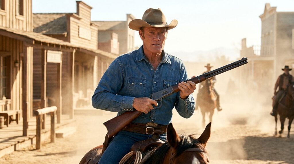 Chuck Connors as Lucas McCain in The Rifleman holding his modified Winchester rifle in a classic Western setting