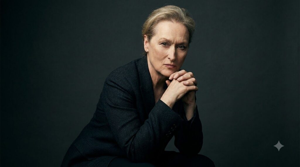 Meryl Streep in a dramatic pose representing her serious acting roles perhaps with a more serious or intense expression