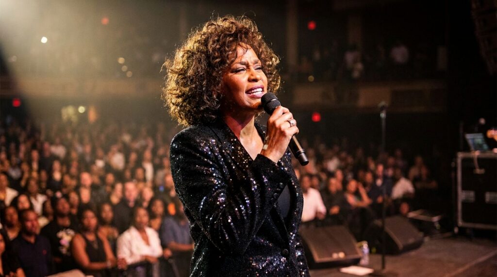 A portrait of Whitney Houston with a powerful expression possibly performing