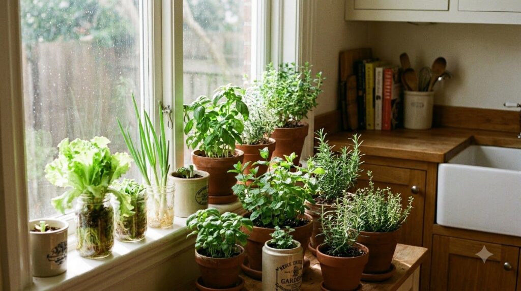 A collection of various regrown vegetables such as lettuce scallions and herbs thriving in small pots on a kitchen windo