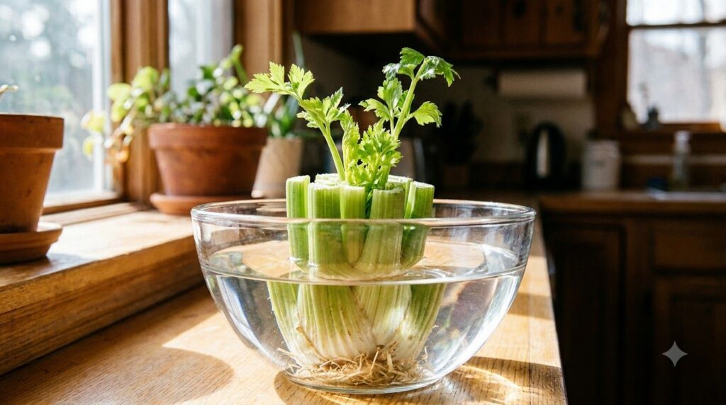 A cut celery base placed in a shallow glass bowl with water sitting on a sunny windowsill with new green shoots emerging