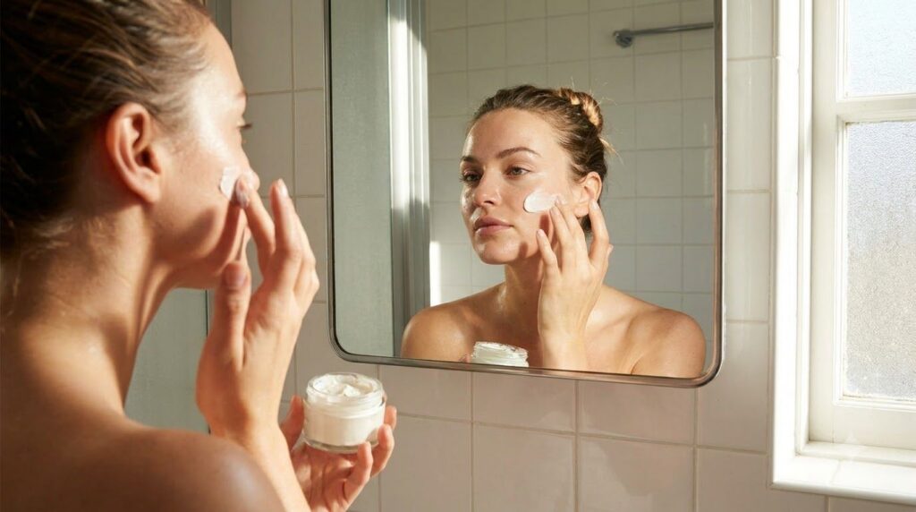 A woman gently applying the Vaseline and baking soda paste to her cheek