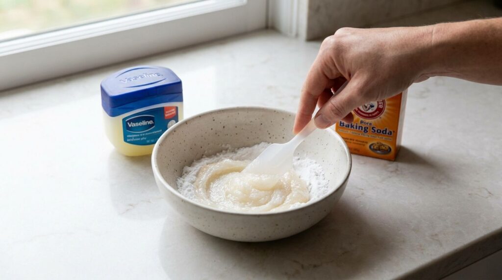A person s hand mixing Vaseline and baking soda in a bowl