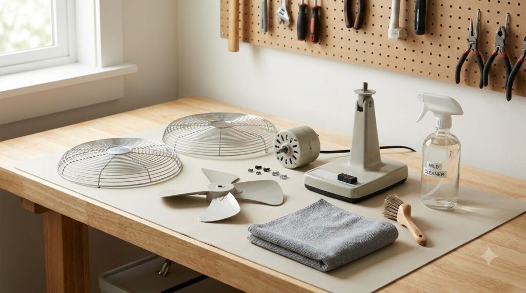 A disassembled desk fan with its blades and grilles separated ready for cleaning next to cleaning tools like a microfibe