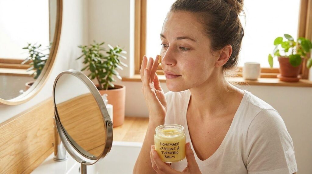 A woman gently applying the DIY Vaseline and aloe vera blend to her face focusing on areas with dark spots in a soft wel