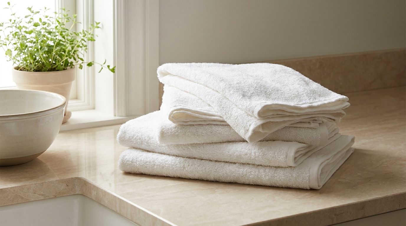 A pile of freshly laundered white kitchen rags neatly folded looking clean and bright on a light-colored surface with so