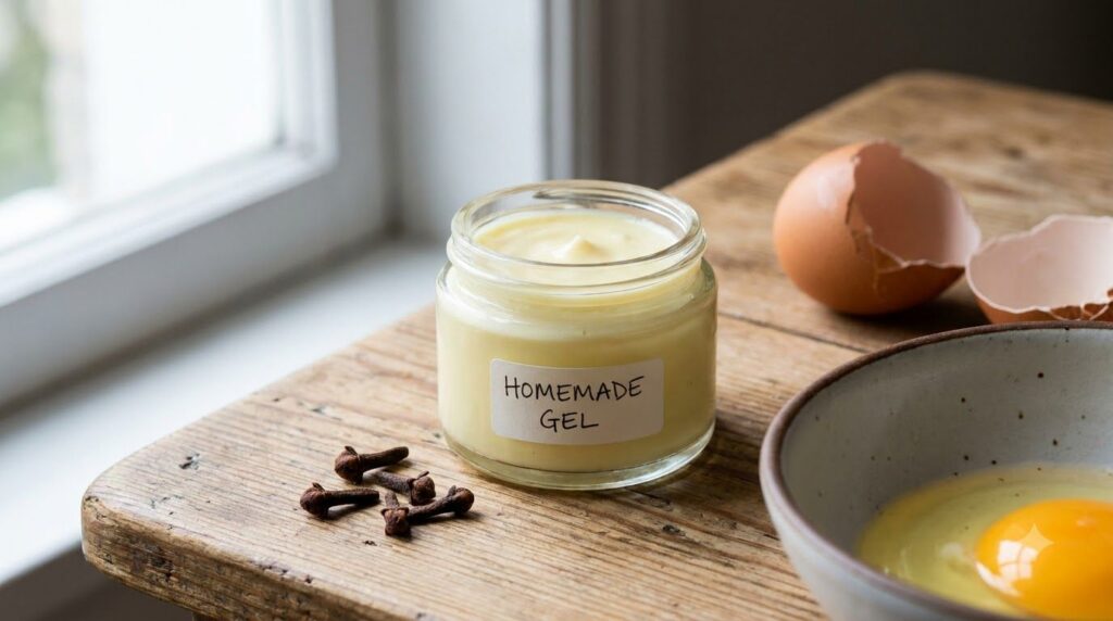 A small glass jar filled with a creamy light yellow homemade facial gel Next to it are a few dried cloves and an open eg