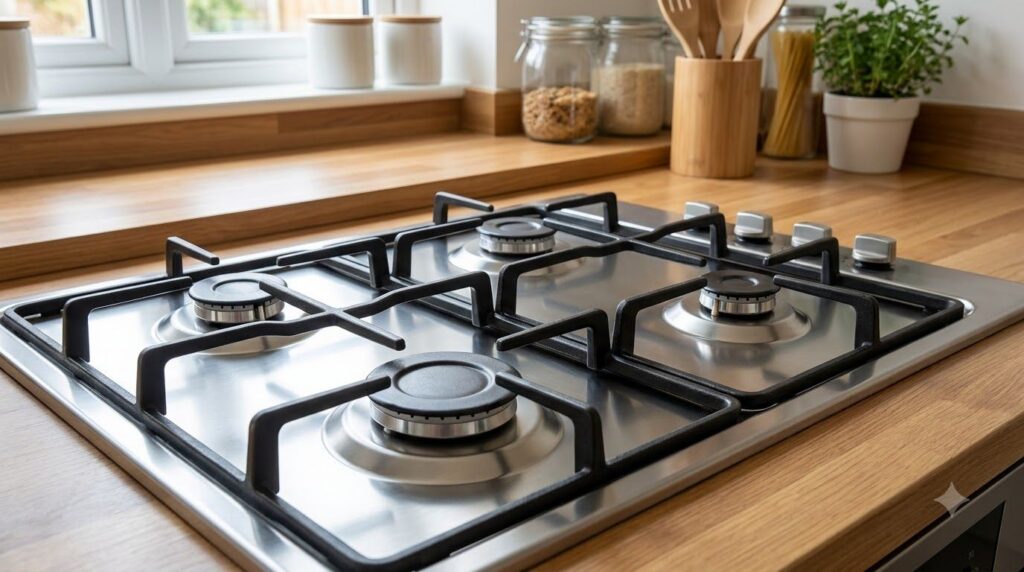 A gleaming perfectly clean stainless steel gas hob sparkling after a thorough cleaning The burners are spotless and the 