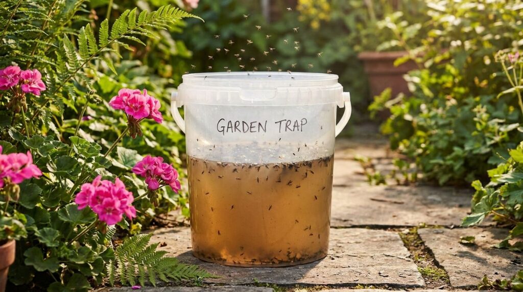 A large clear plastic bucket half-filled with murky liquid sits outdoors in a sunlit garden surrounded by green foliage 